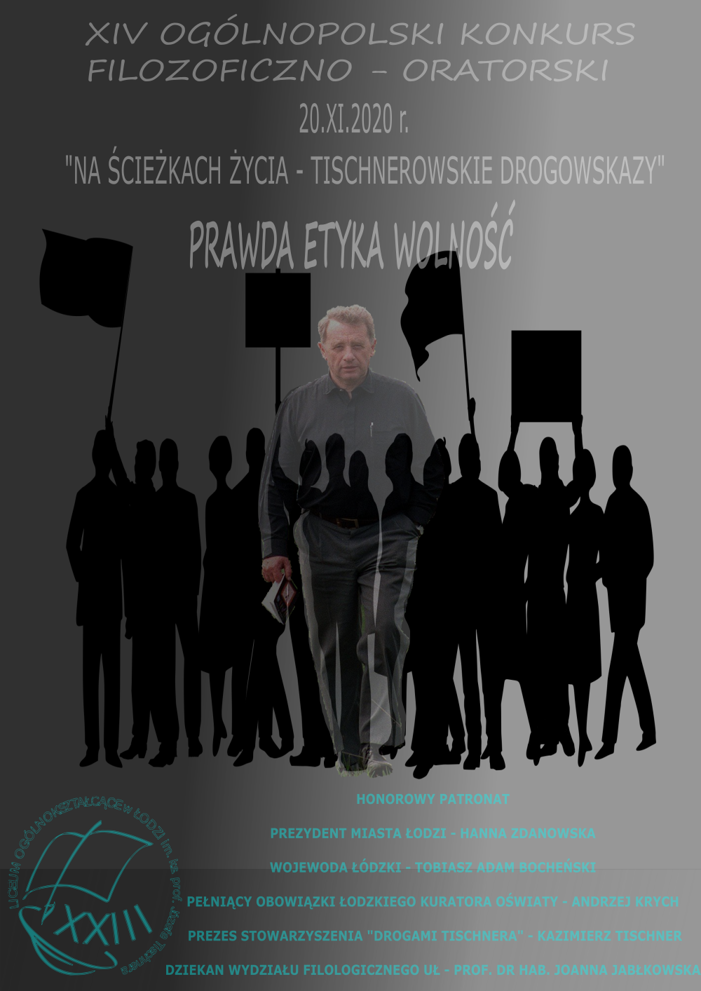 plakat konkursu 2020 grupa os&oacute;b z transparentami i idąca postać profesora Tischnera